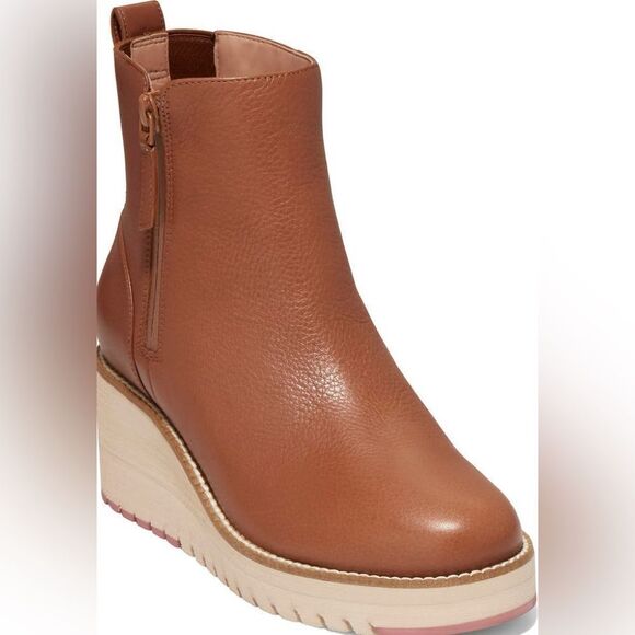 Cole Haan ZeroGrand City Brown Pebbled Leather Waterproof Wedge Bootie  7 - Picture 1 of 13